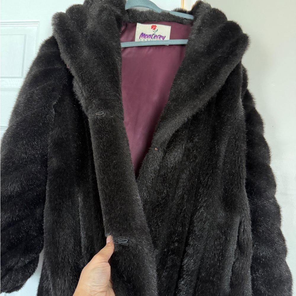 Monterey Fashion Faux Fur Black Coat Vintage Made in USA Size 14 - Picture 6 of 12
